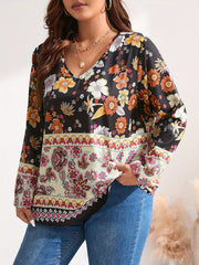 Boho Blouse Patchwork Print Long Sleeve V Neck Shirt Top