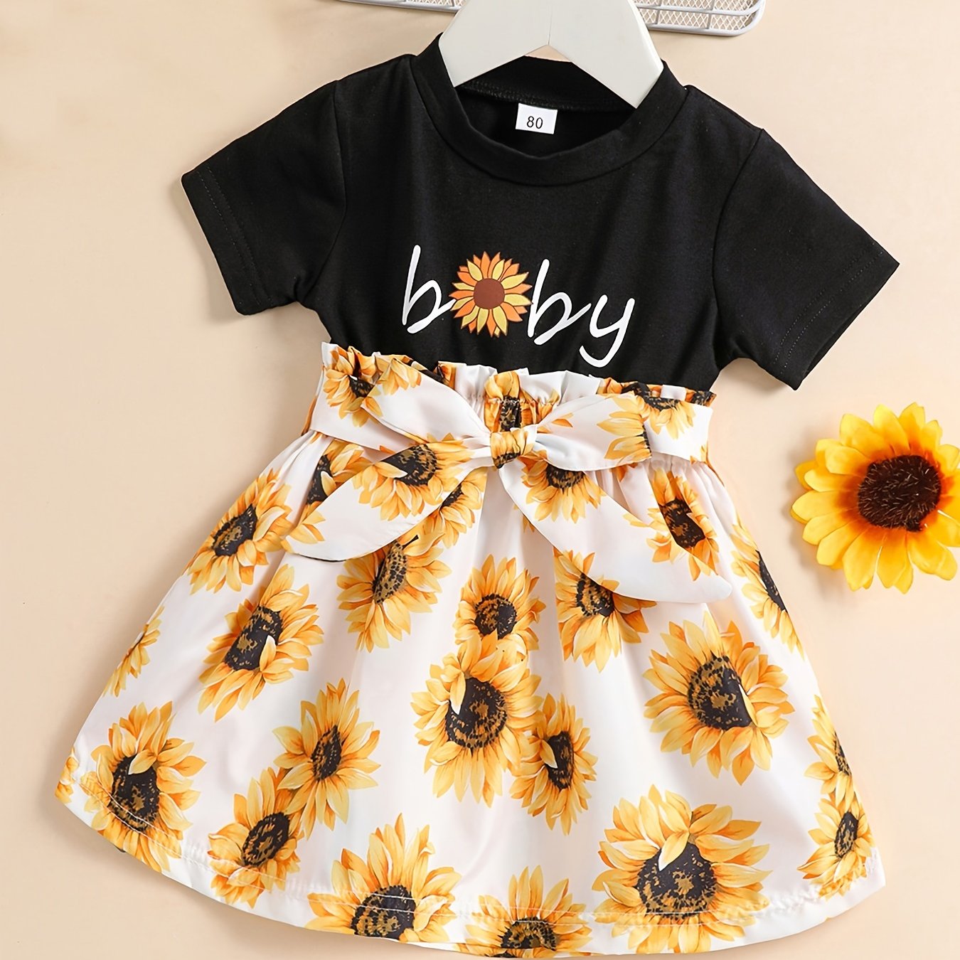 Baby Girls Sunflower Graphic Print Dress with Belt