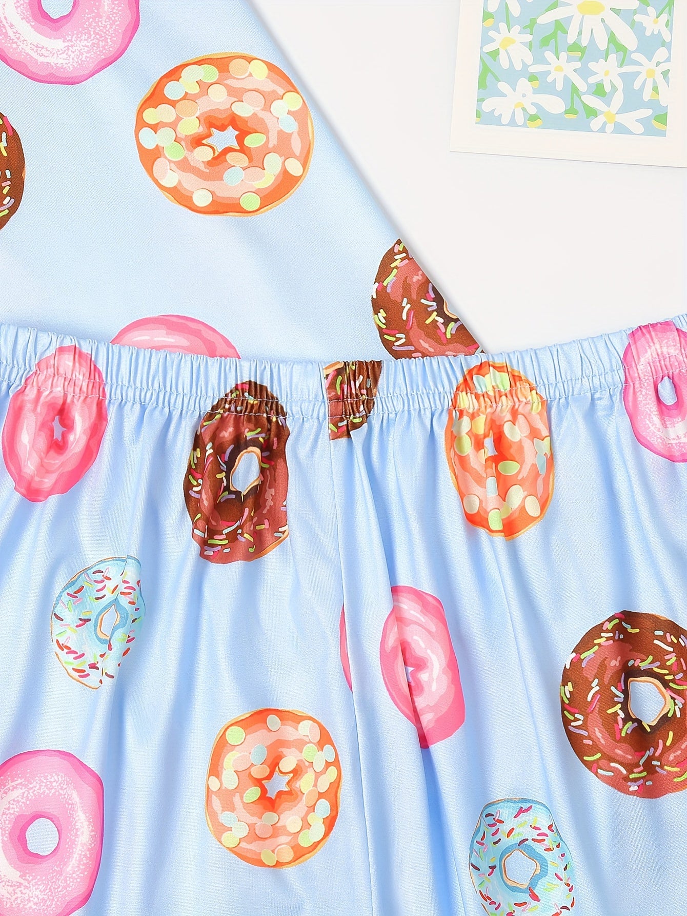 Donut Print Pajamas Set Short Sleeve Crew Neck Top & Shorts Women's Sleepwear