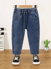 Girls Fleece Jeans Milk Tea Chips Embroidery Elastic Waist Denim Pants