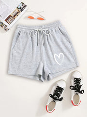Heart Print Drawstring Shorts Y2K Sports High Waist Women's Clothing