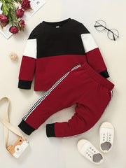 Boys Comfy Casual Suit Contrast Crew Neck Tops & Striped Pants
