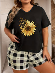 Butterfly Sunflower Print V Neck Pajama Top