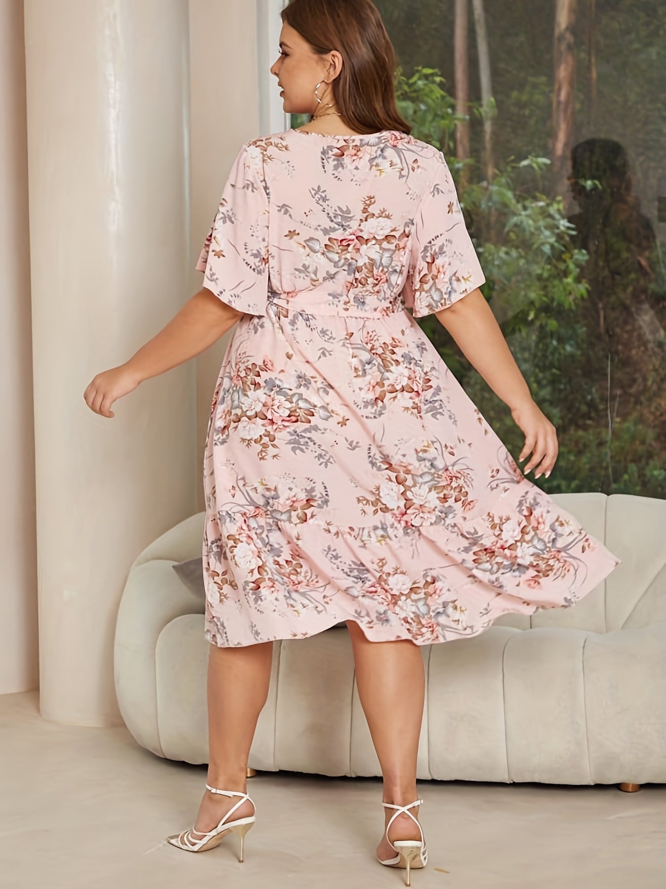 Floral Print V Neck Layered Midi Dress Plus Size