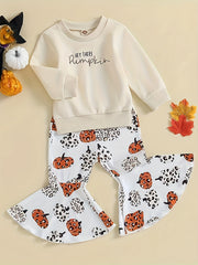 Girls Halloween Pumpkin Sweatshirt & Flared Pants Set