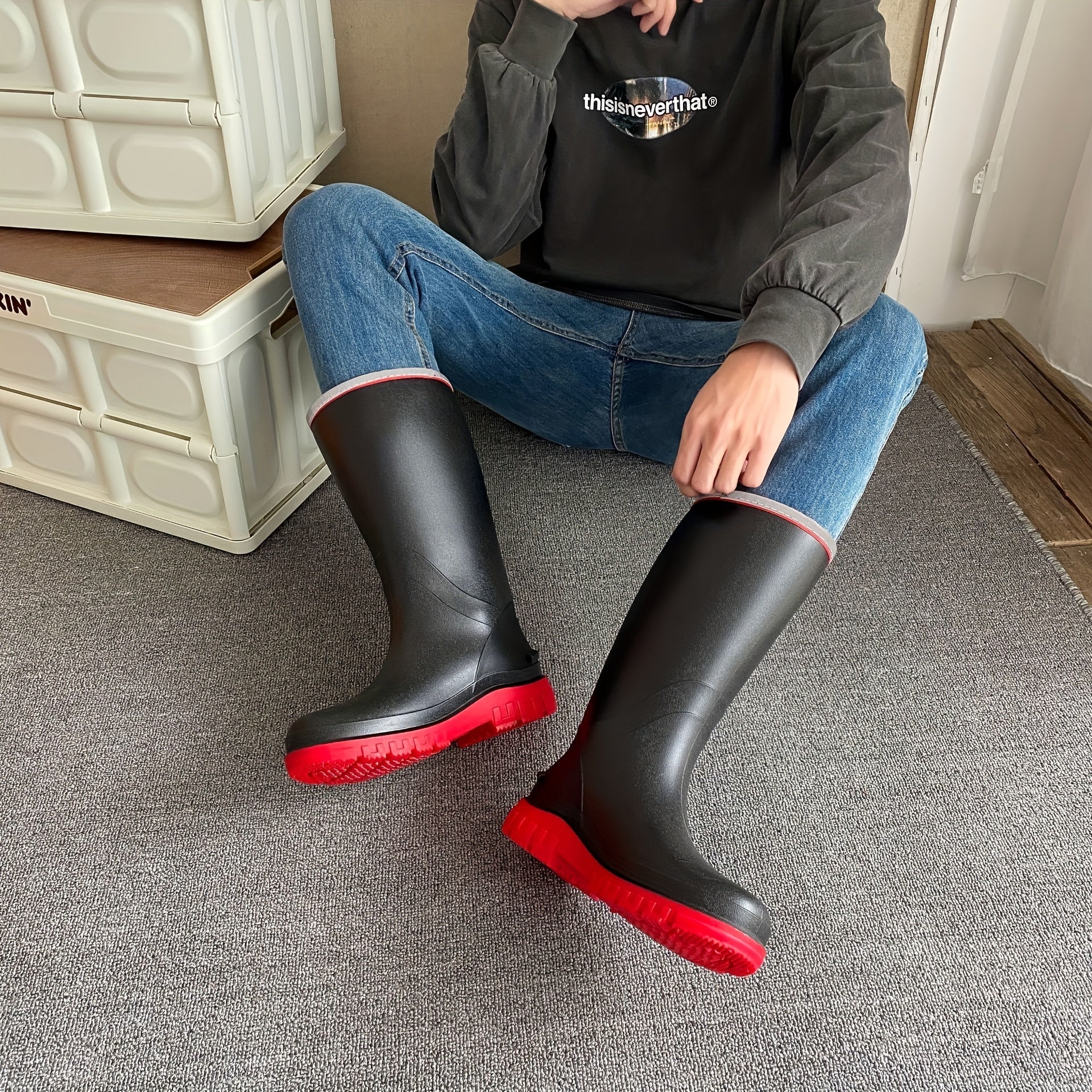 Women's Mid Calf Rain Boots Waterproof Non Slip Solid Slip On Shoes