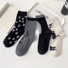 4 Pairs Cat & Owl Print Socks Cute & Comfy Women's Stockings