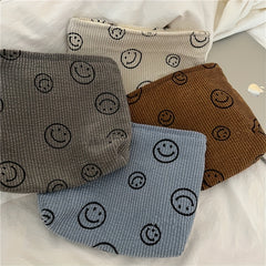 Corduroy Smile Face Cosmetic Bag Large Capacity Travel Toiletry Pouch
