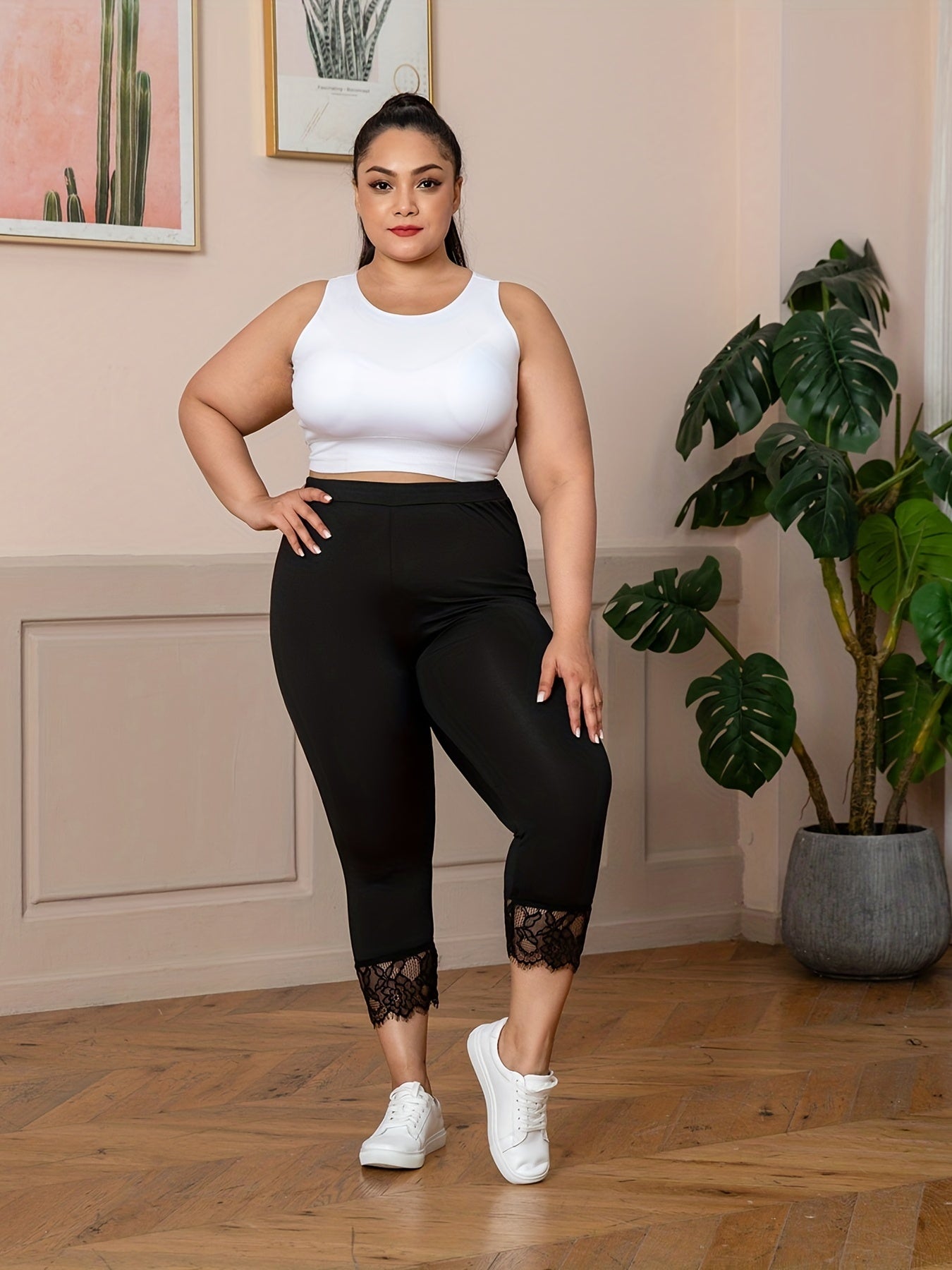 Solid Contrast Lace Trim Skinny Leggings