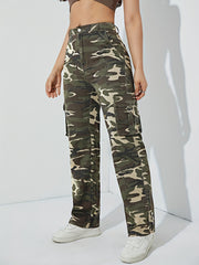 High Waist Wide Leg Denim Pants with Flap Pockets
