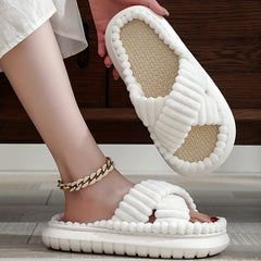 Women's Cross Strap Pillow Slippers Plush Lined Linen Shoes