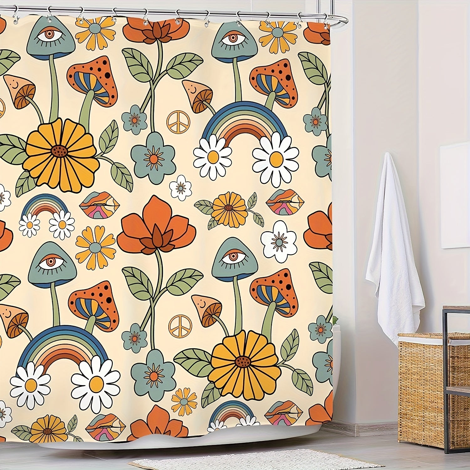Mushroom Shower Curtain With 12 Hooks Waterproof Durable Bath Curtain