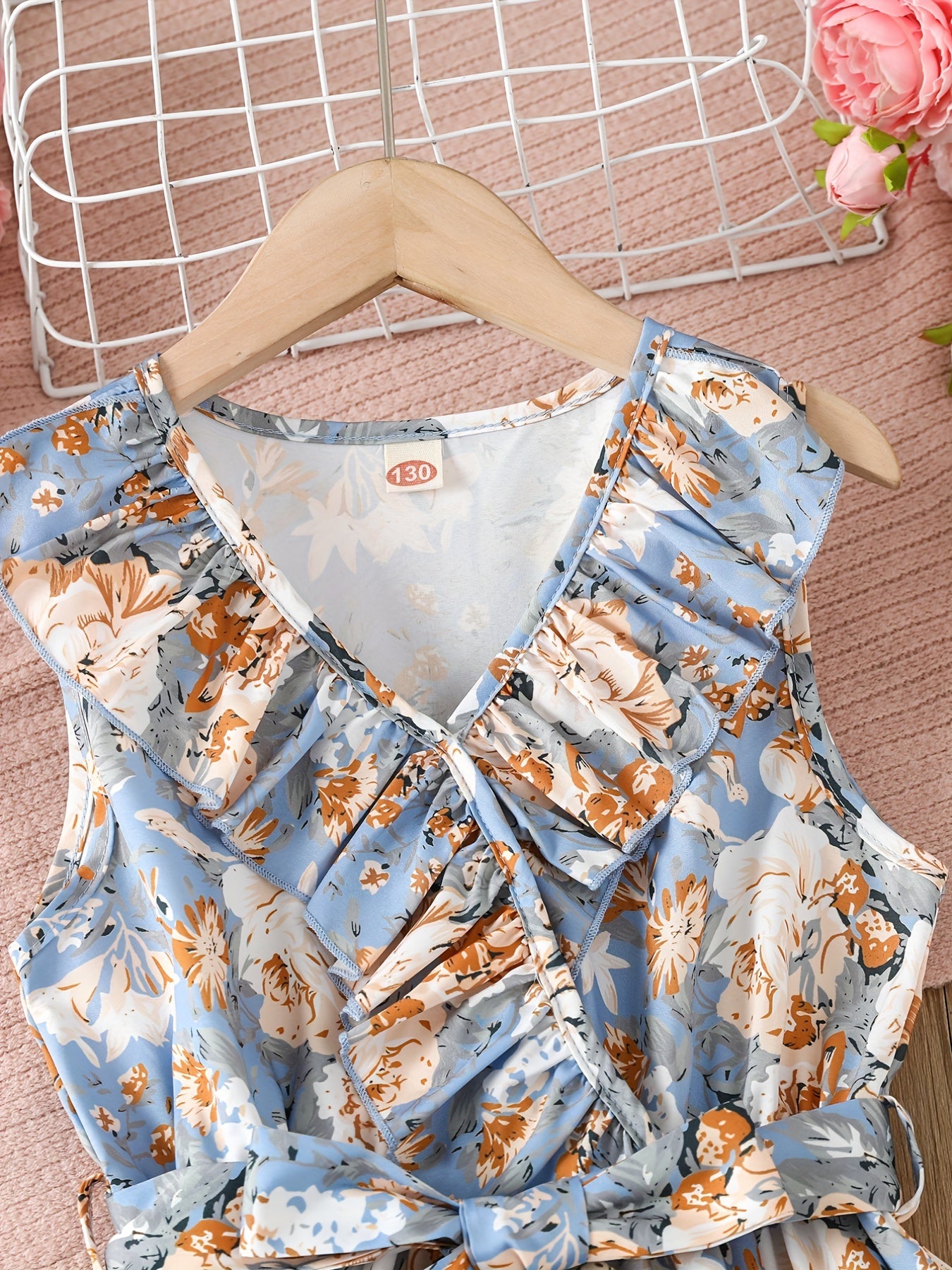 Toddler Girls Sleeveless Ruffle Trim Flowers Graphic Princess Dress