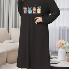 Plus Tropical Drinks & Heart Print Long Sleeve Tee Sleep Dress