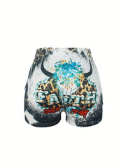 Cow Skull & Letter Print Shorts Women's Clothing
