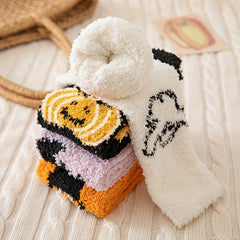 4 Pairs Pumpkin & Bat Print Halloween Fuzzy Socks Women's Stockings