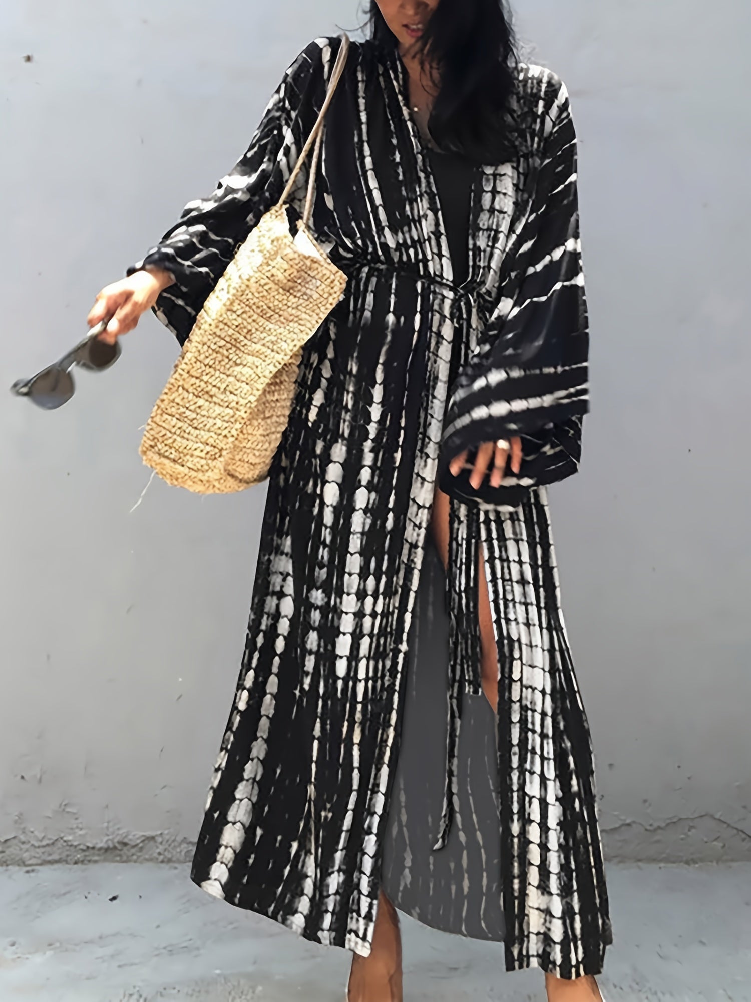 Tie Dye Batwing Sleeve Beach Cover Up With Belt
