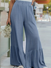 Solid Ruffle Trim High Rise Wide Leg Pants