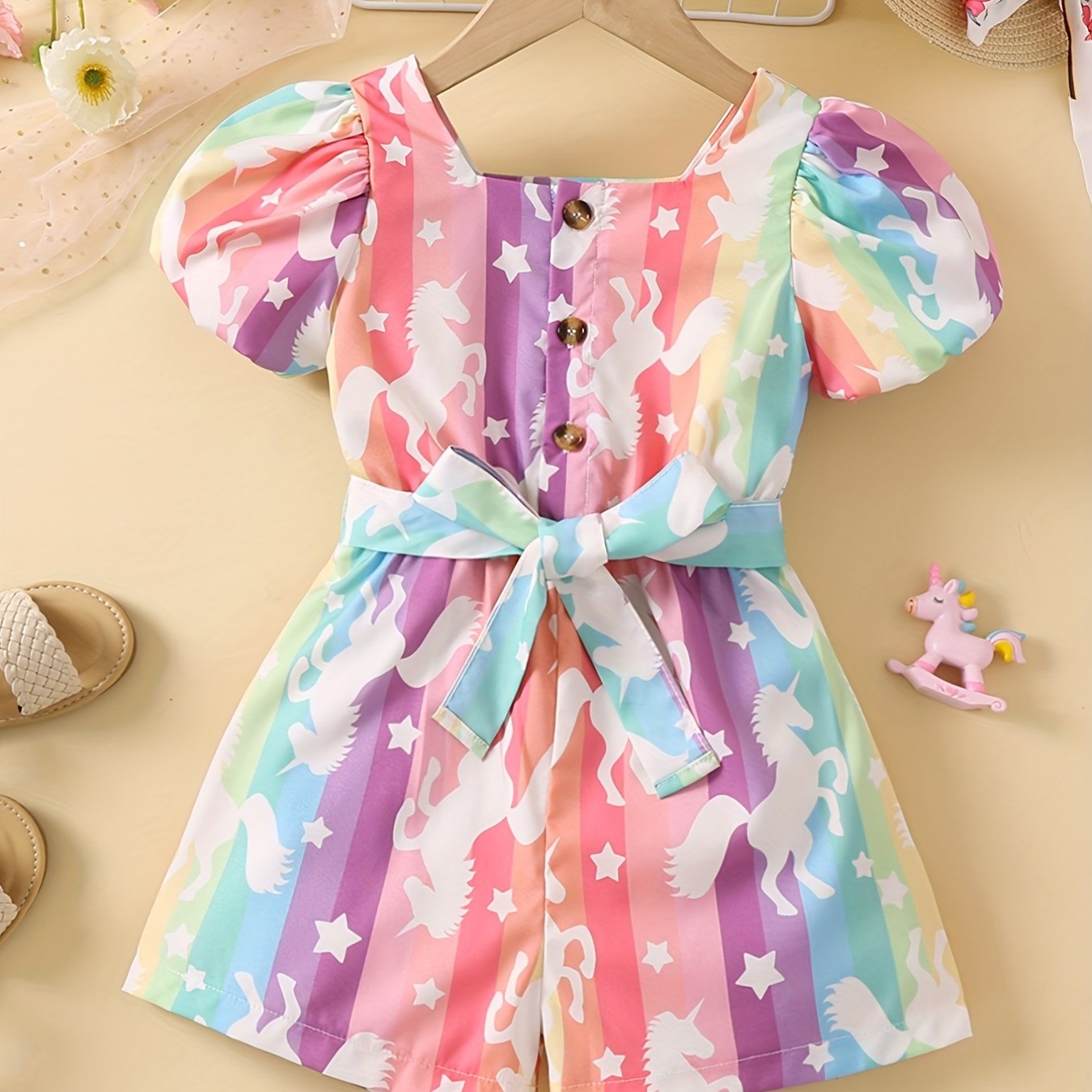 Toddler Girls Puff Sleeve Button Rainbow Unicorn Graphic Belted Rompers