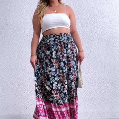 Boho Skirt Women's Plus Floral Print Ruffle Trim Elastic High Rise
