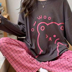 Bear Print Pajama Set Long Sleeve Top & Plaid Pants