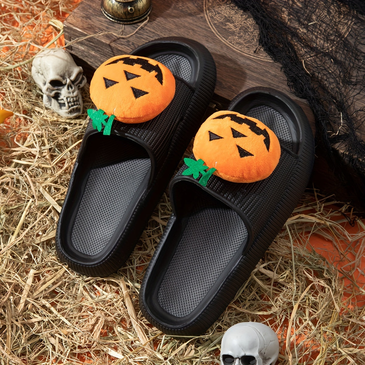 Women's Pumpkin Face Decor Slippers Halloween Shoes