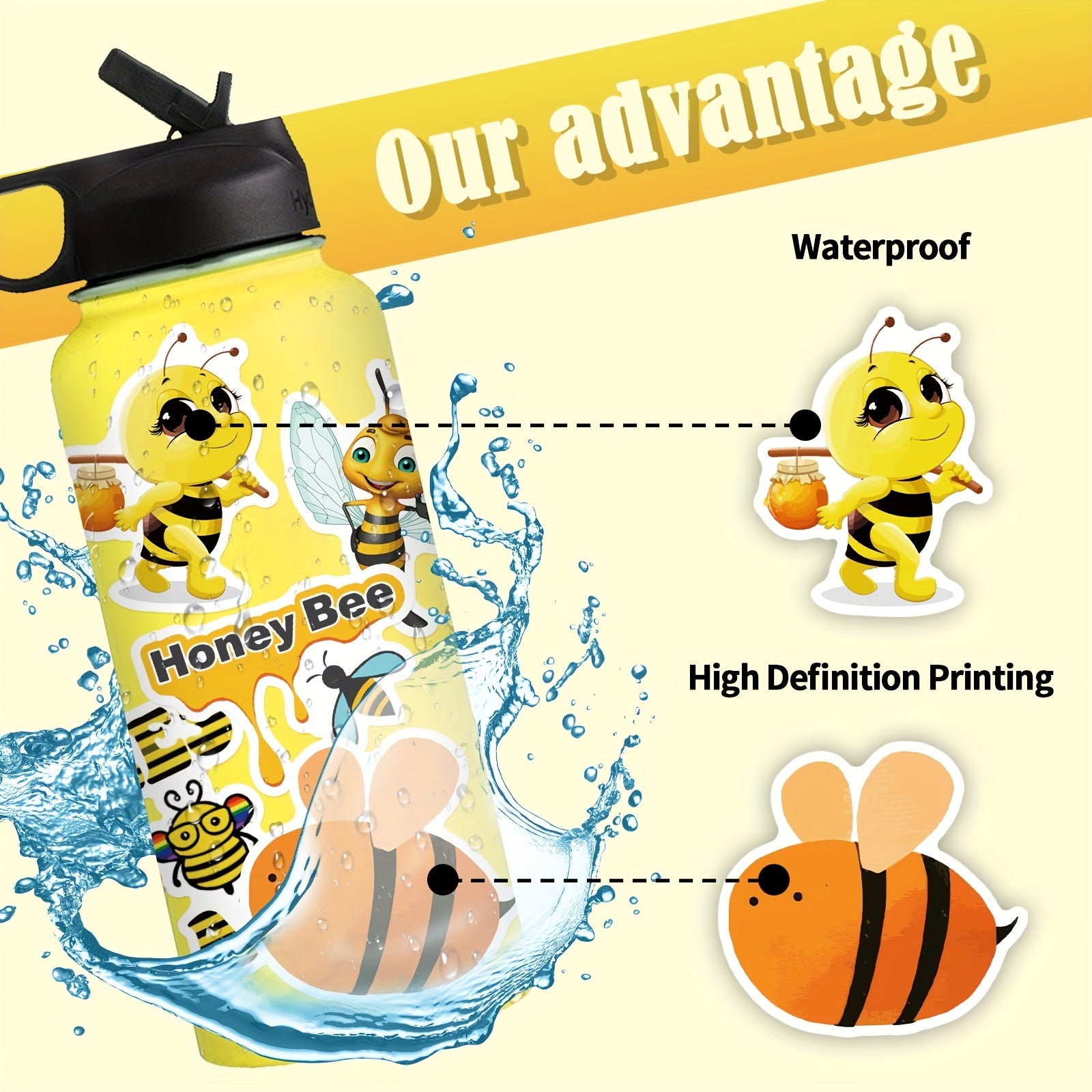 50pcs Bee Water Bottle Stickers Vinyl Waterproof Stickers for Laptop Skateboard