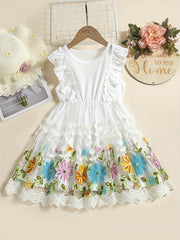 Toddler Girls Sleeveless Ruffle Trim Floral Embroidery Mesh Princess Dress