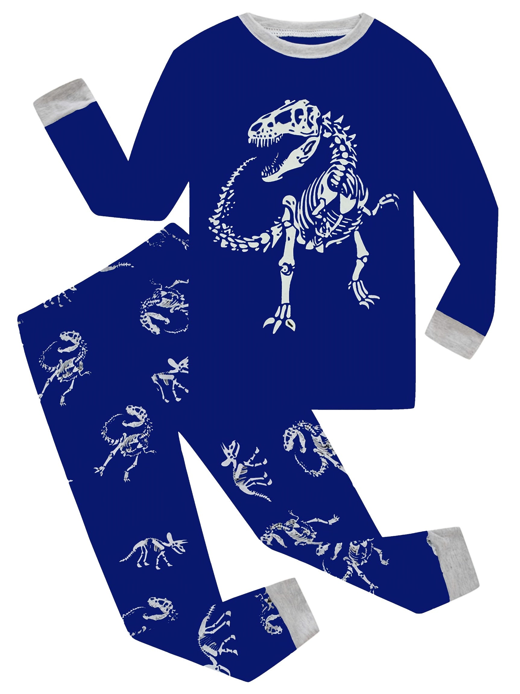 2pcs Dino Skeleton Print Kid's Pajama Set Reflective Pattern Comfy PJ