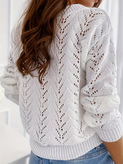 Eyelet Solid Knit Sweater V Neck Long Sleeve Casual Sweater