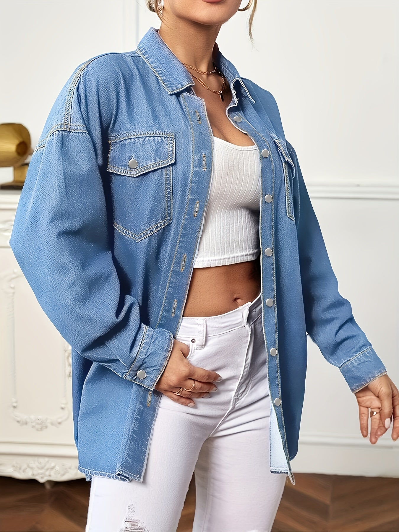 Denim Coats Button Flap Pockets Loose Fit Denim Jackets