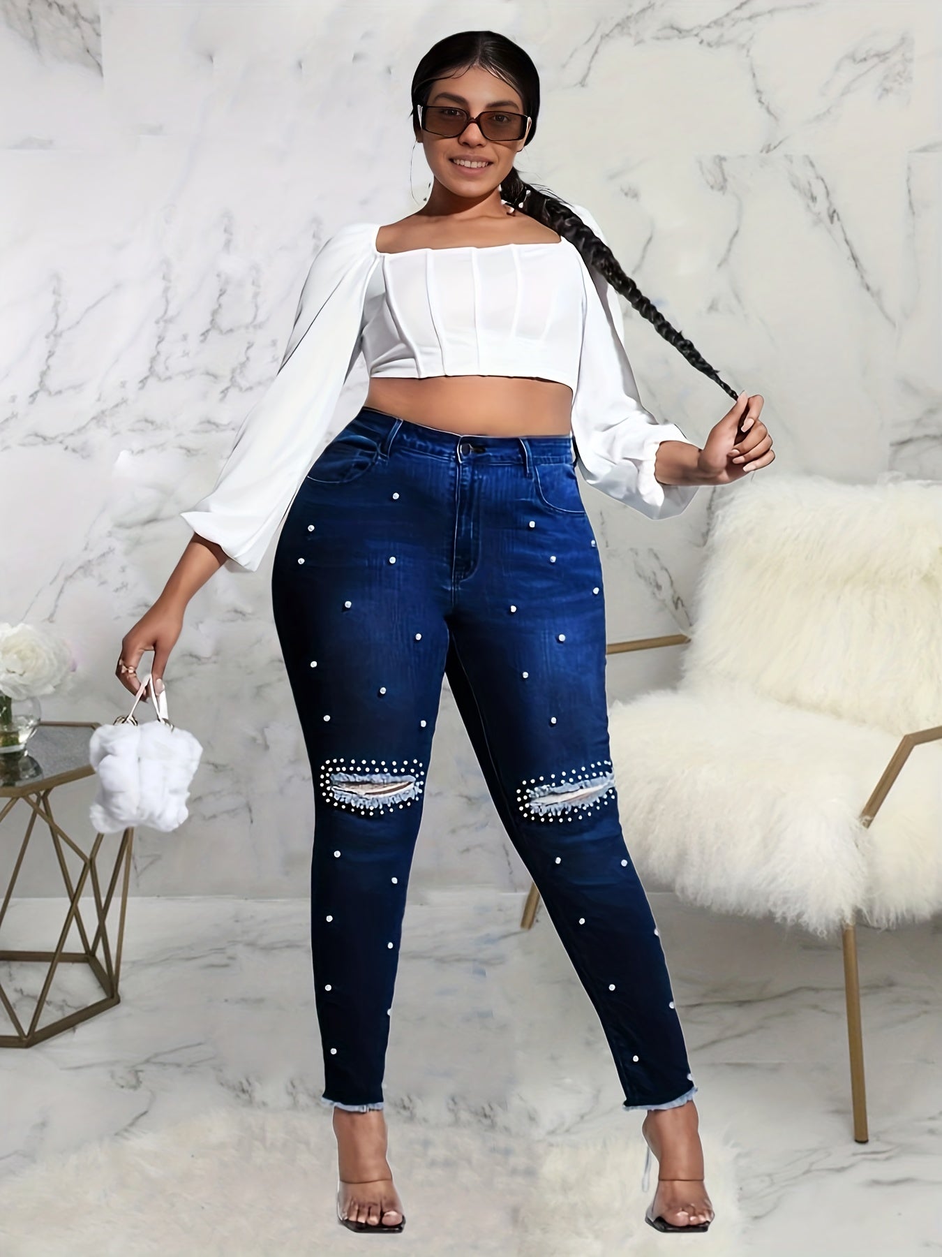 Pearl Decor Ripped Fringe Skinny Jeans