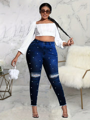 Pearl Decor Ripped Fringe Skinny Jeans
