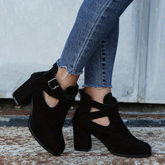 Women's Block Heel Ankle Boots Buckle Strap Zipper Shoes