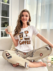 Cartoon Cake & Drink Print Pajama Set