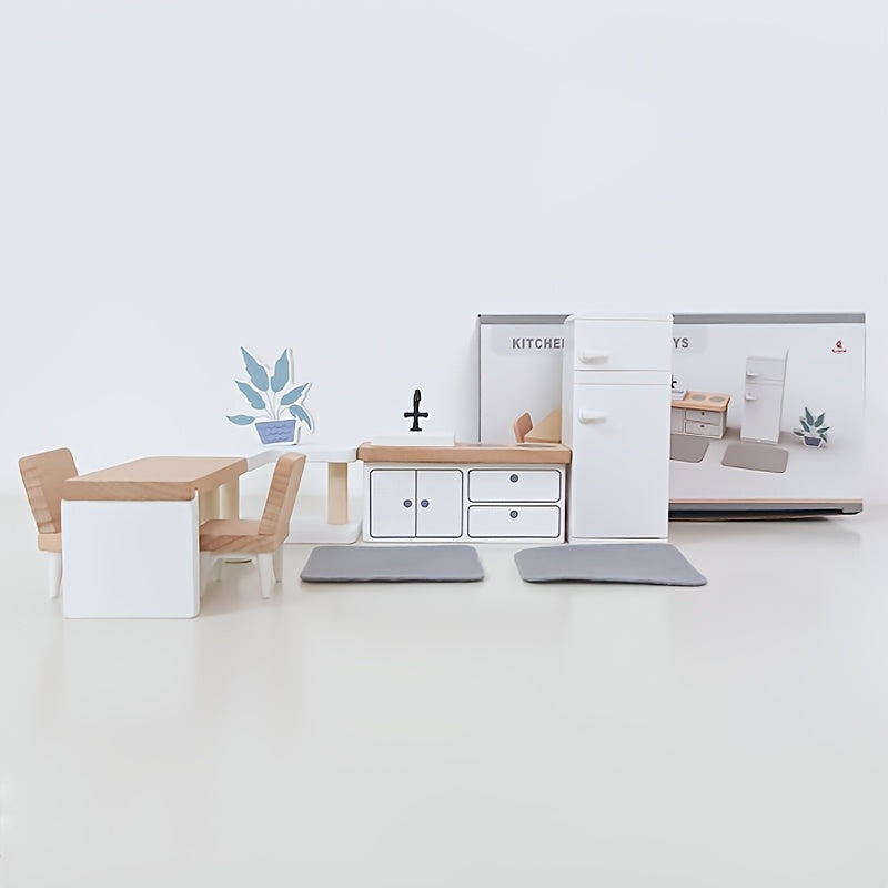 Scandinavian Style Wooden Toy Set Mini Furniture Kitchen Bedroom Bathroom