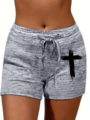 Cross Print Casual Drawstring Waist Shorts Spring & Summer Women's Clothing