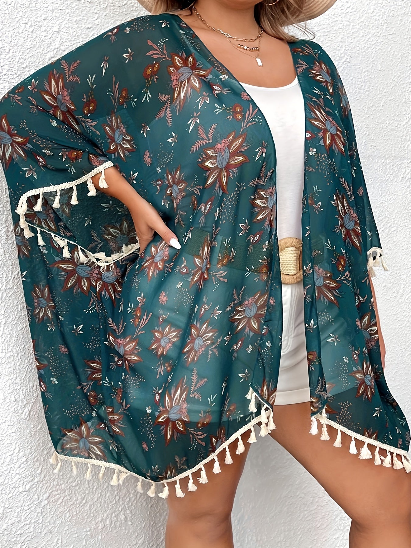 Floral Print Tassel Trim Kimono Cardigan