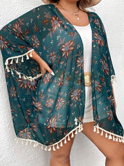 Floral Print Tassel Trim Kimono Cardigan