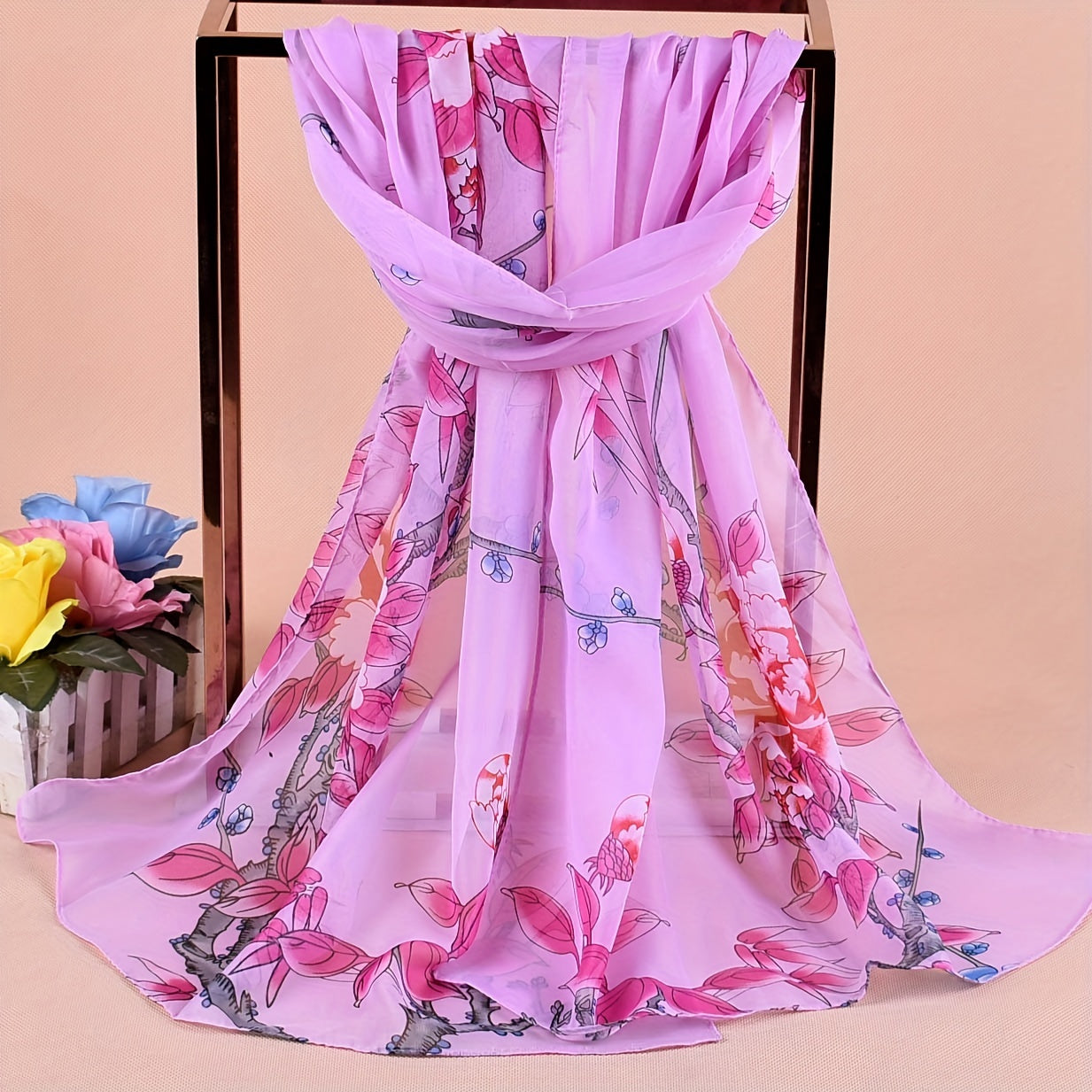 Branch Bird Print Chiffon Scarf Vintage Thin Shawl