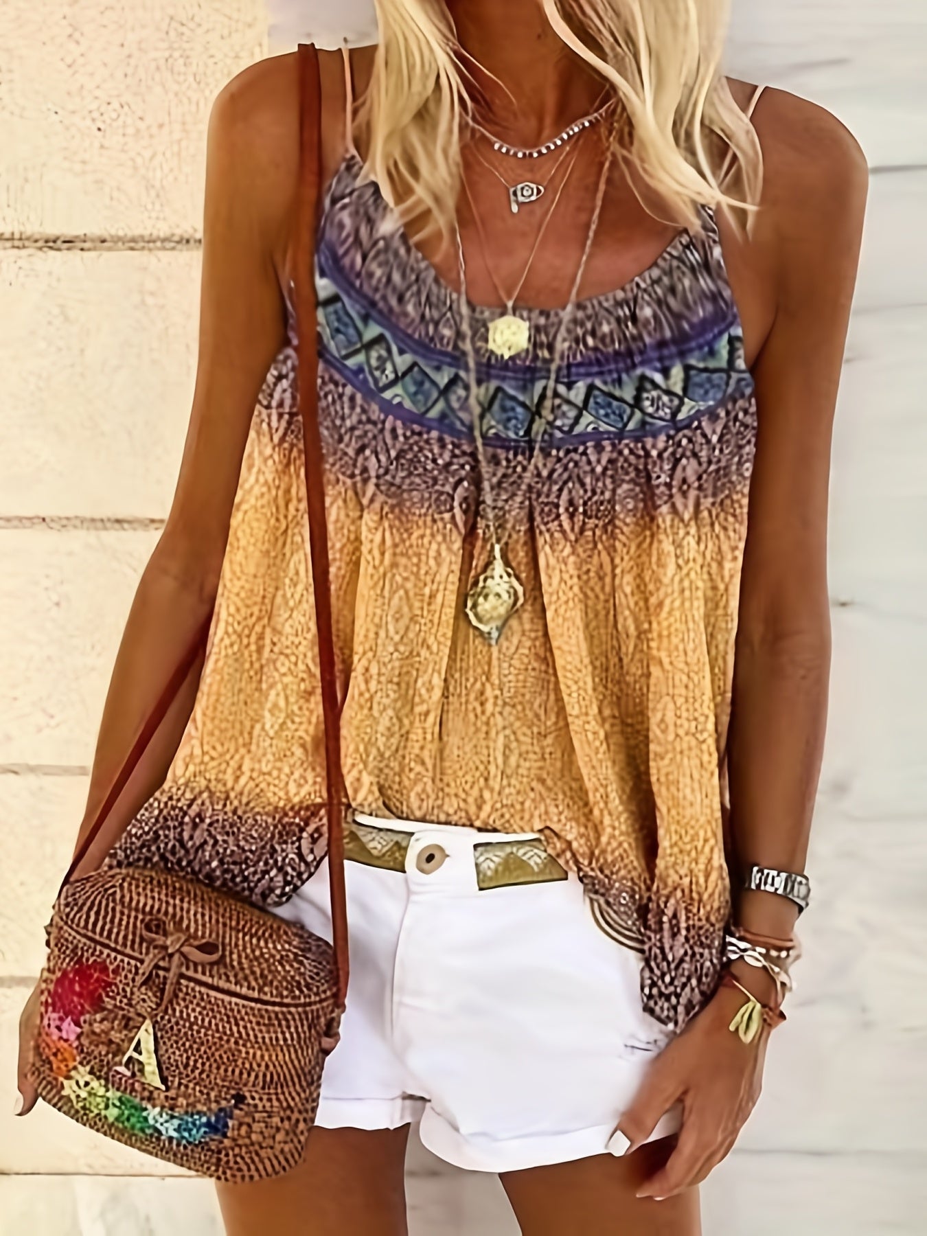 Marble Print Cami Top Round Neck Medium Stretch