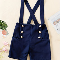 Girls Suspender Overalls Shorts with Button Decor
