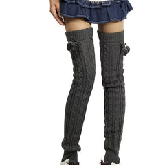 Ribbed Knit Thigh High Leg Warmers With Pom Poms Women's Stockings