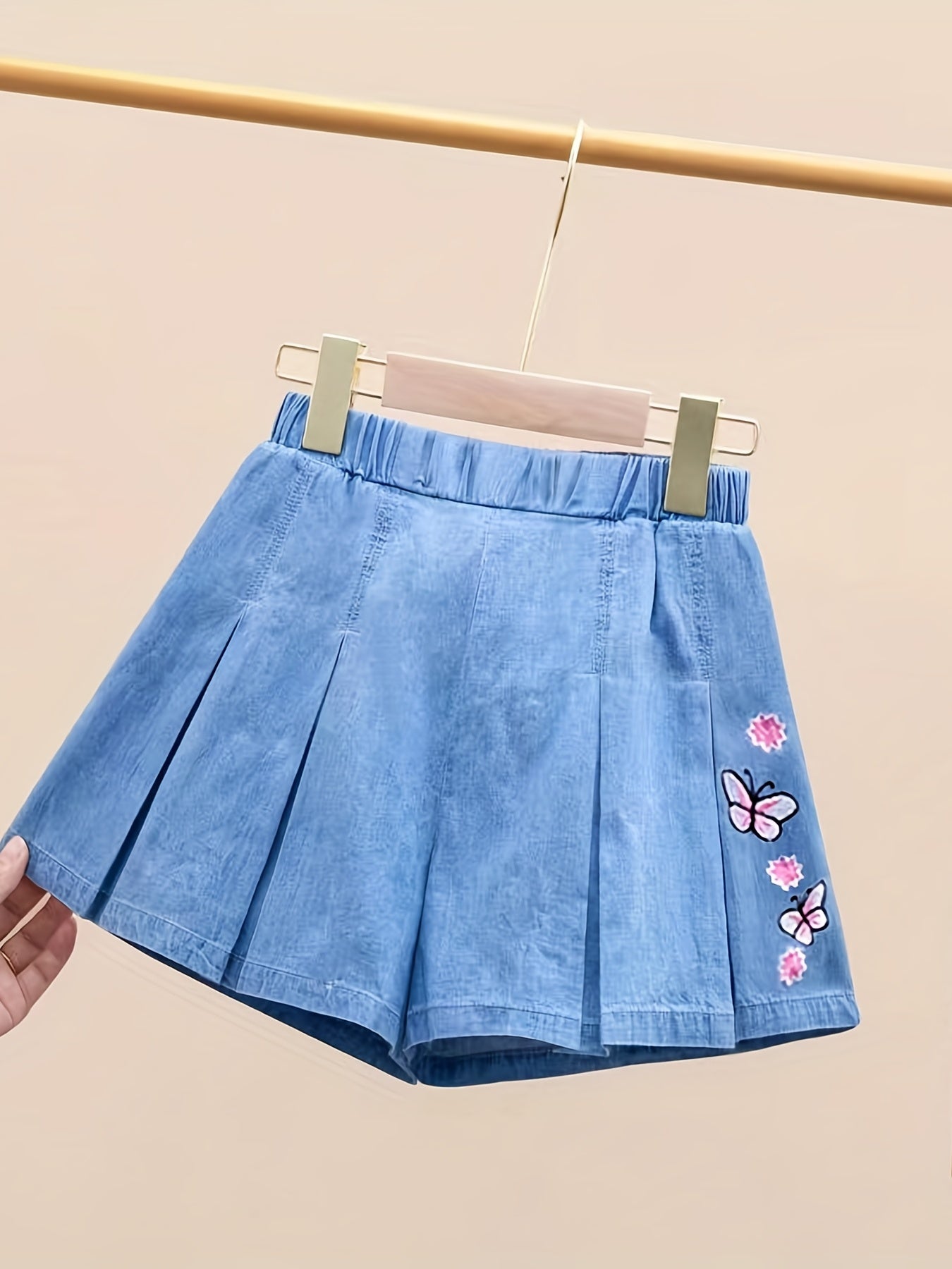Girls Fruits Embroidered Print Denim Shorts Elastic Waist Loose Fit Shorts