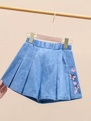 Girls Fruits Embroidered Print Denim Shorts Elastic Waist Loose Fit Shorts