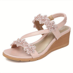 Women's Rhinestone & Flowers Wedge Sandals Slip On Platform Sandals