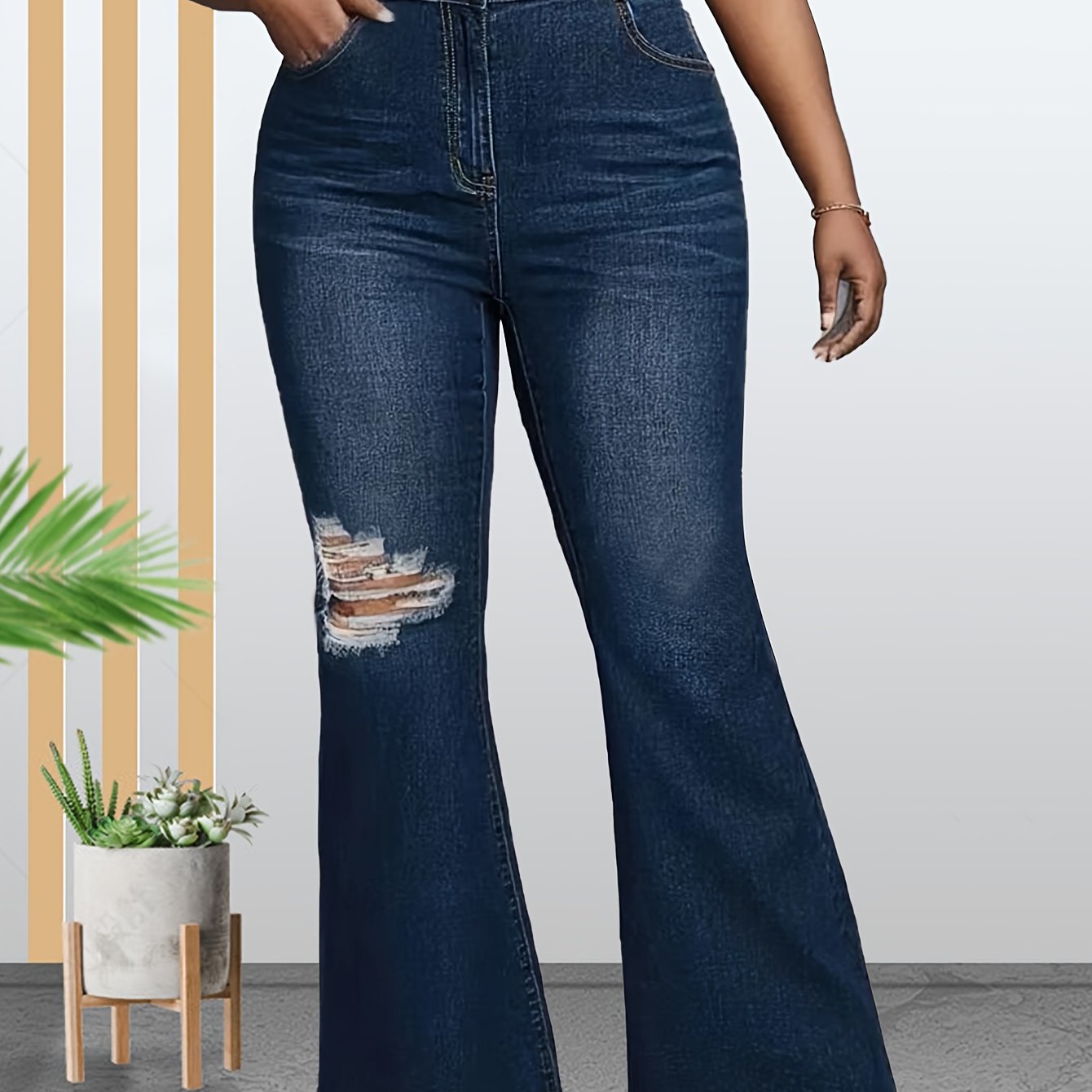 Women's Plus High Rise Fringe Trim Flared Leg Jeans
