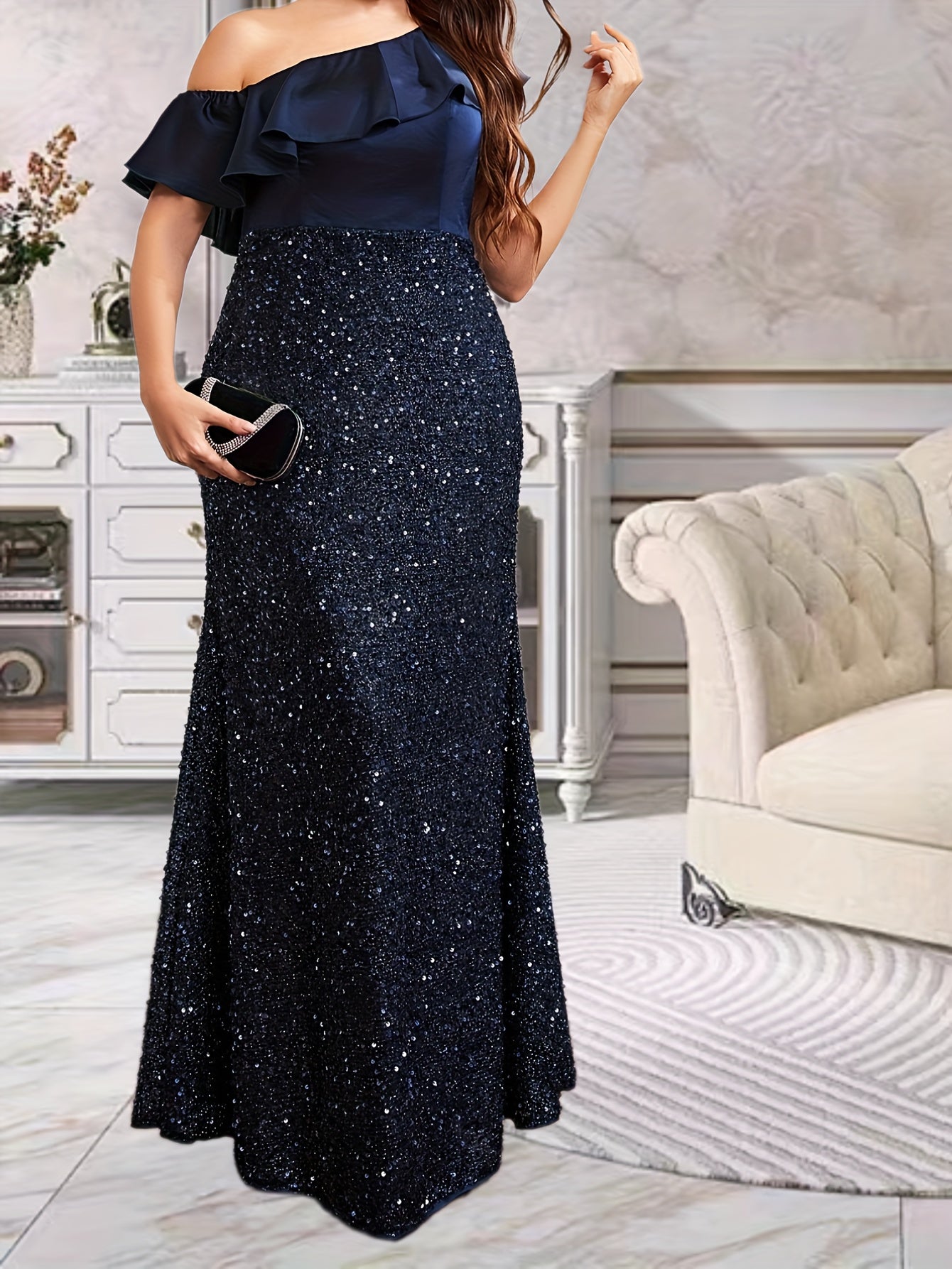 One Shoulder Ruffle Trim Maxi Formal Dress