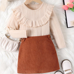 Girl's Ruffled Long Sleeve Top & Corduroy Skirt Set Casual Outfits Kids Clothes
