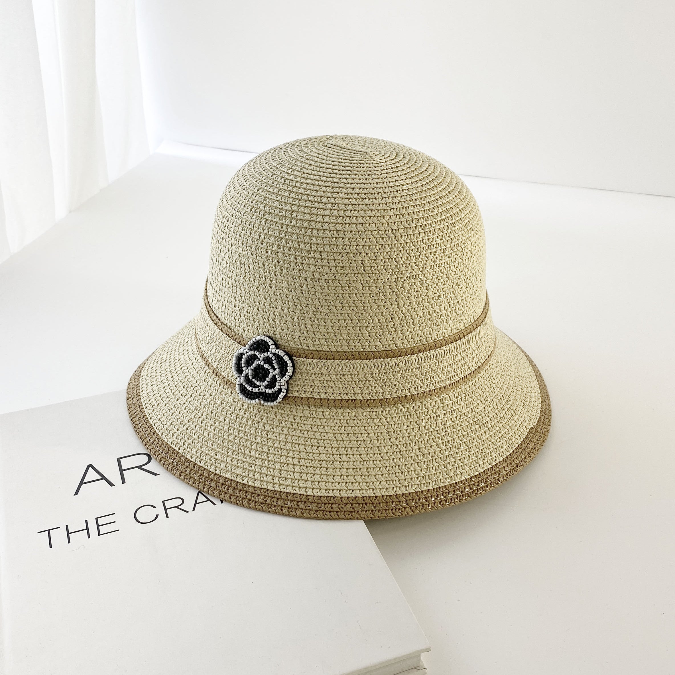 Camellia Decor Sun Hat French Style Straw Bucket Hat Outdoor Sunshade
